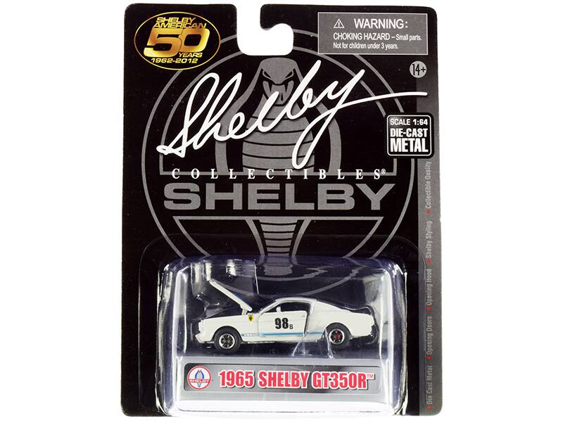 Sure, here is the corrected and grouped text from the image:

---

**Shelby Collectibles**

**SHELBY**

**WARNING:**
CHOKING HAZARD - Small parts. Not for children under 3 years.

**14+**

**50 YEARS**
1962-2012

**SCALE 1:64**
DIE-CAST METAL

**1965 SHELBY GT350R**

**Features:**
- One Cast Metal
- Opening Doors
- Shelby Hood

**Shelby GT350R**

---

This text includes all the key information from the packaging, grouped and corrected for clarity.