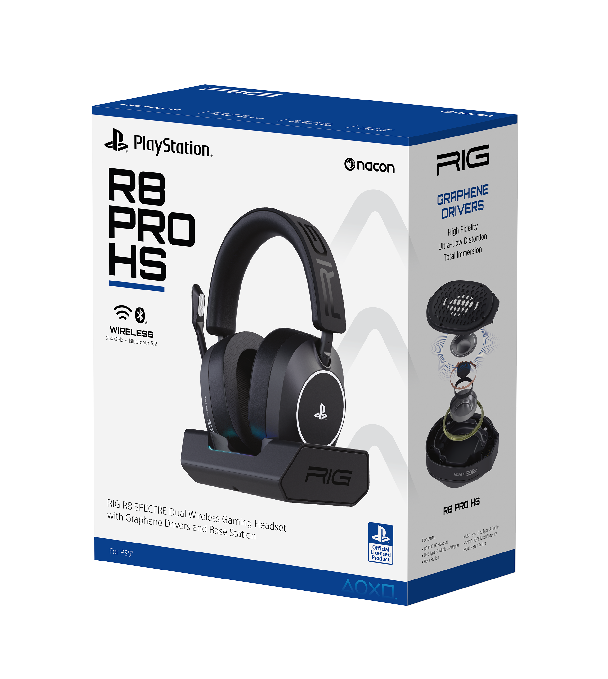 TFrrA B PlayStation. R8 PRO HS _a C nacon - RIG GRAPHENE DRIVERS High Fidelity Ultra-Low Distortion Total Immersion 2.4 WIRELESS 1H0 Bluefooth 5.2 RIG R8 PRO HS with SPECTRE Dual RB Graphene Wireless Gaming Drivers and Base Headset lnnicae Station len . CHNT VIN For OTficial - -in PSS Licensed 2 ion Product AX.

Corrected text:

PlayStation. R8 PRO HS  
nacon RIG GRAPHENE DRIVERS  
High Fidelity Ultra-Low Distortion Total Immersion  
2.4 WIRELESS Bluetooth 5.2  
RIG R8 SPECTRE Dual Wireless Gaming Headset with Graphene Drivers and Base Station  
For PS5  
Official Product