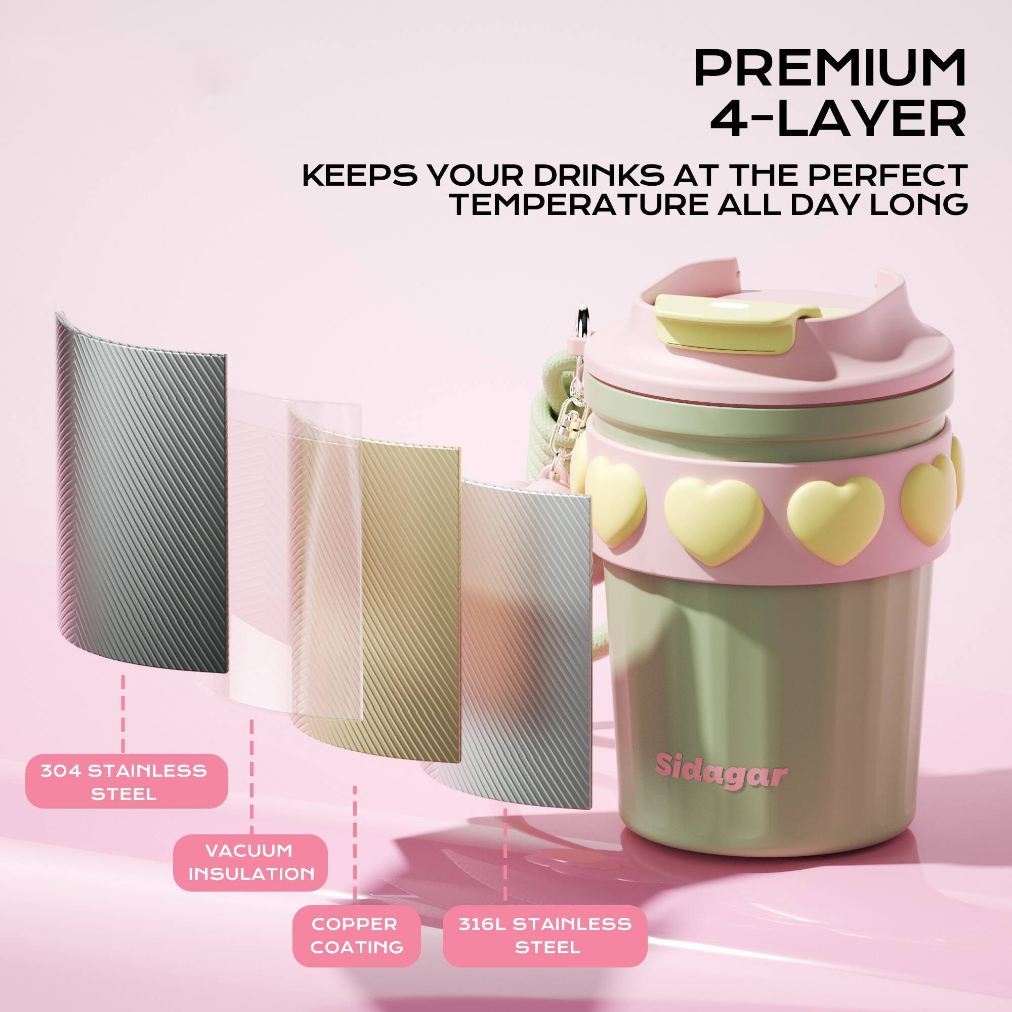 PREMIUM 4-LAYER  
KEEPS YOUR DRINKS AT THE PERFECT TEMPERATURE ALL DAY LONG

304 STAINLESS STEEL  
VACUUM INSULATION  
COPPER COATING  
316L STAINLESS STEEL
