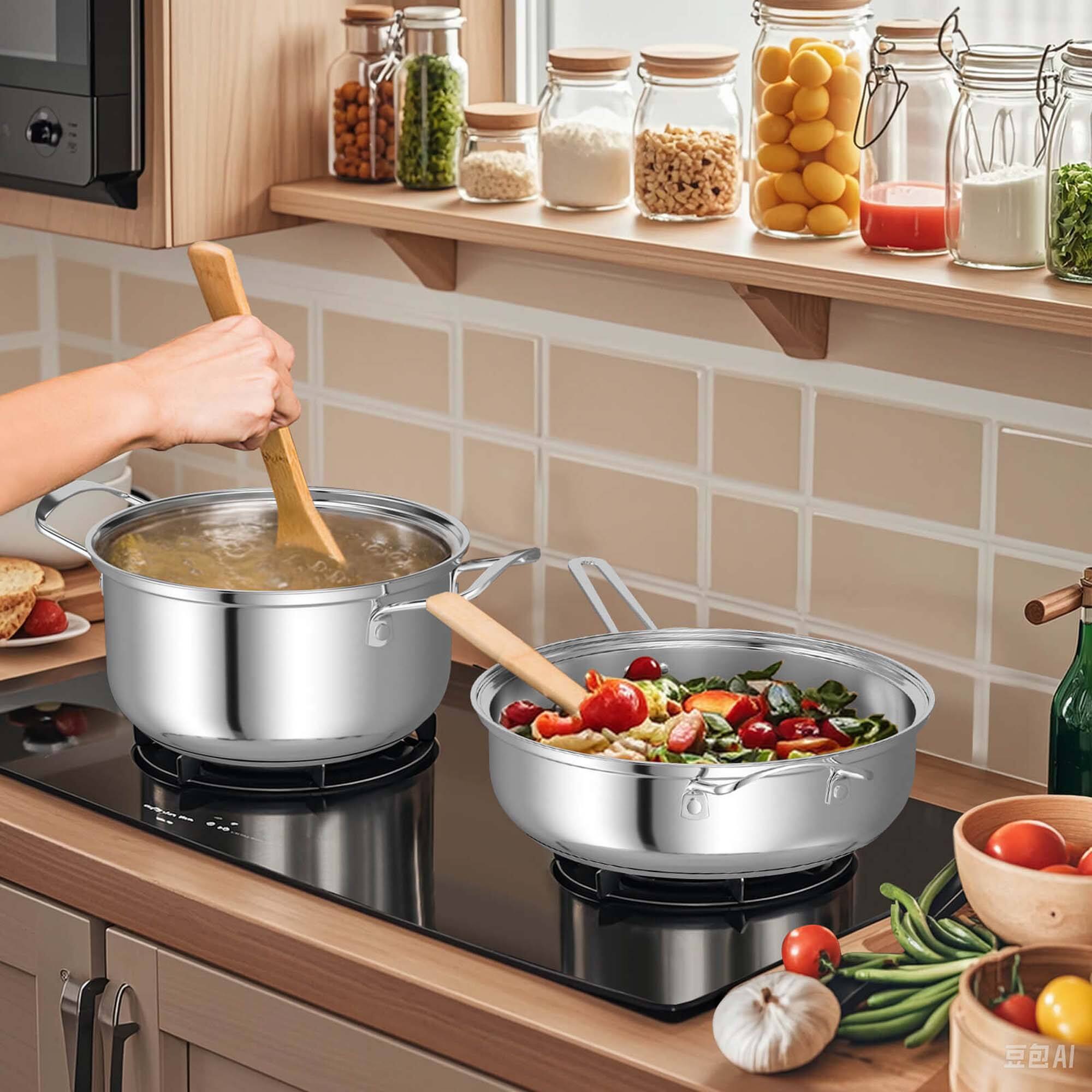 Alt View 3. Costway - Costway 12 PCS Pots & Pans Set with Tempered Glass Lids Handles & 3-Ply Base 4 Stockpots - Silver.
