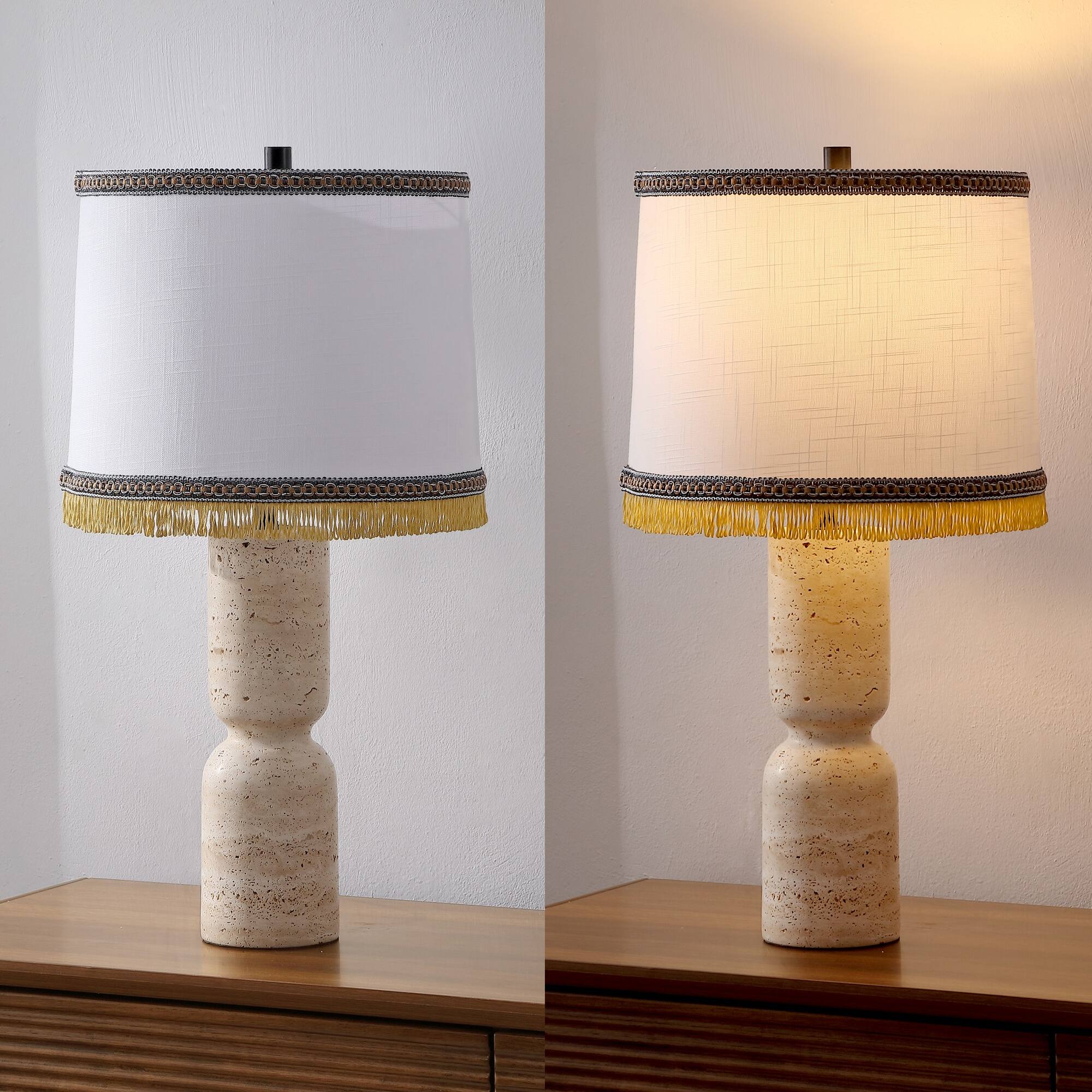 Alt View 6. Jonathan Y - Lacy 25.3 in. Organic Modern Sculptural Hourglass Travertine Stone with Fringed Drum Shade LED Table Lamp, Natural Beige - Natural Beige Marble.