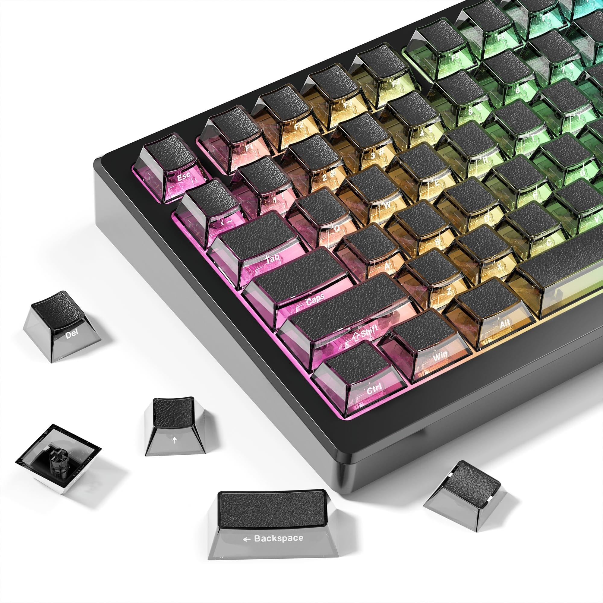 PARKER SLATER - Pink Jade Keycaps Double Shot Pbt Crystal Set Ceramic Custom Keycap Translucent Cherry Profile Key Caps For 60% - Black Leather Texture