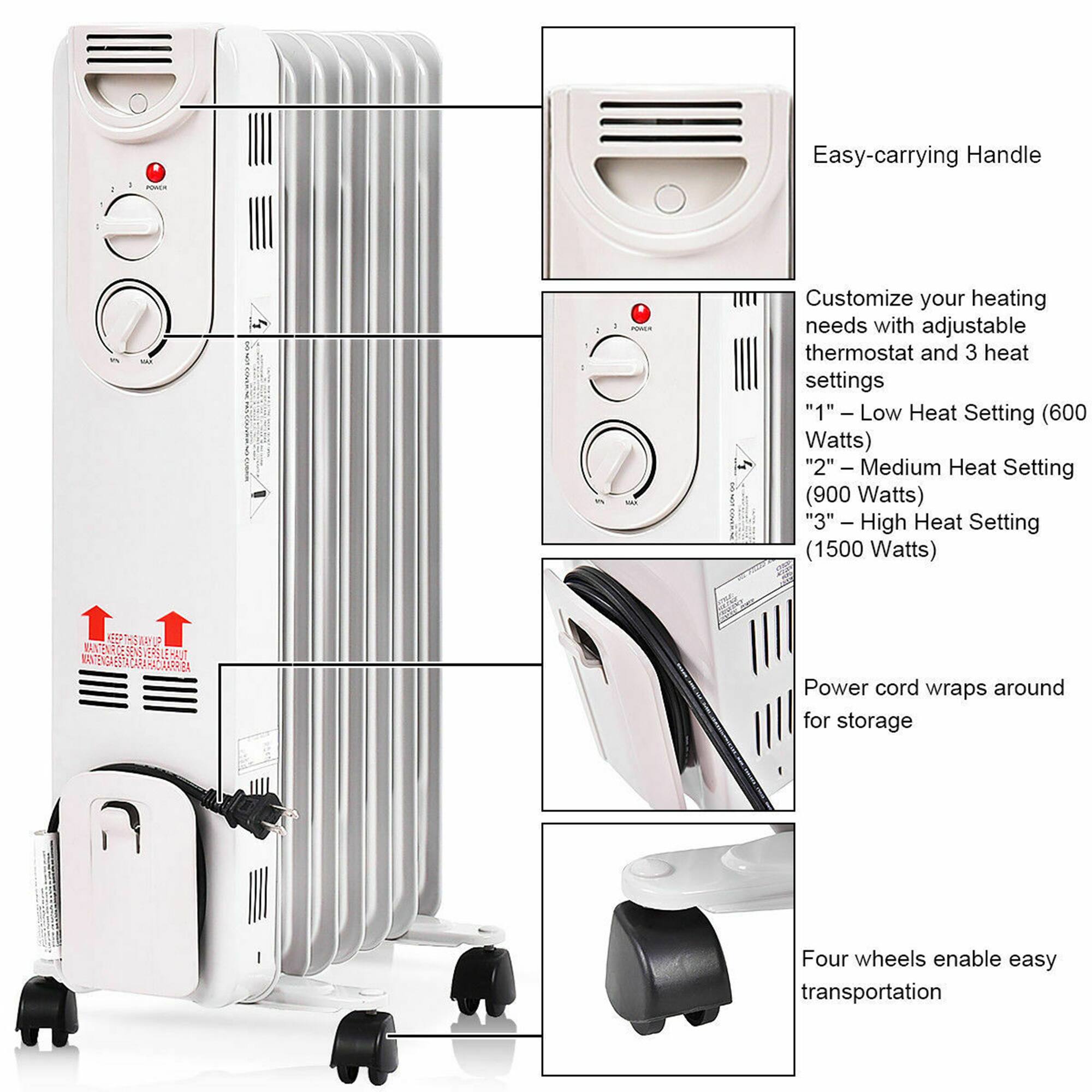 1. Easy-carrying Handle

2. Customize your heating needs with adjustable thermostat and 3 heat settings:
   - "1" - Low Heat Setting (600 Watts)
   - "2" - Medium Heat Setting (900 Watts)
   - "3" - High Heat Setting (1500 Watts)

3. Power cord wraps around for storage

4. Four wheels enable easy transportation