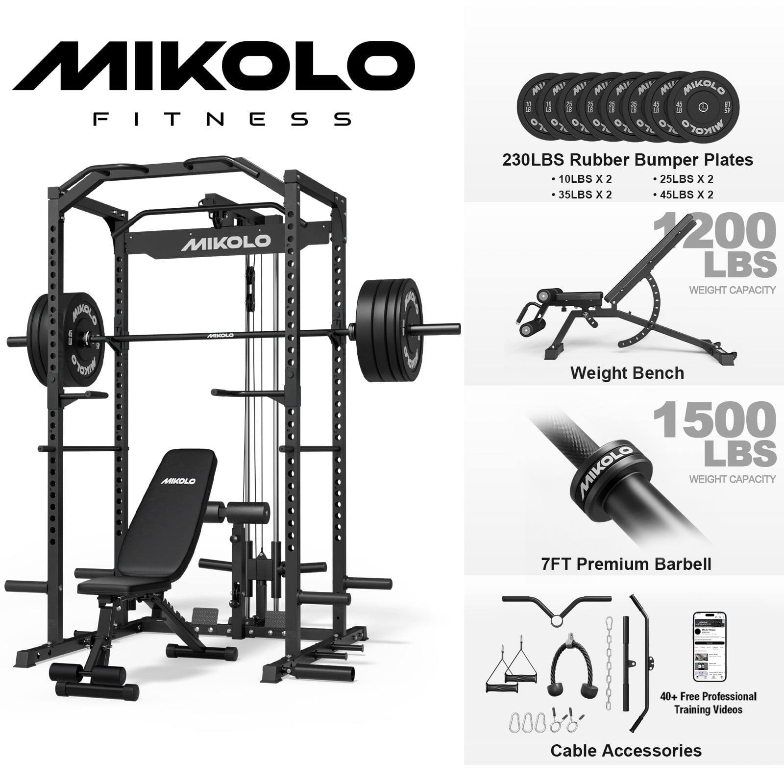 MIKOL FITNESS MIKOL WINOro O MIKOL ed 230LBS Rubber Bumper Plates 10LBS x 2 25LBS X 2 35LBS x 2 45LBS x 2 1200 LBS WEIGHT CAPACITY Den MIKOL Weight Bench 1500 LBS MIKOL WEIGHT CAPACITY 7FT Premium Barbell 40+ Free Professional Training Videos 000 Cable Accessories
