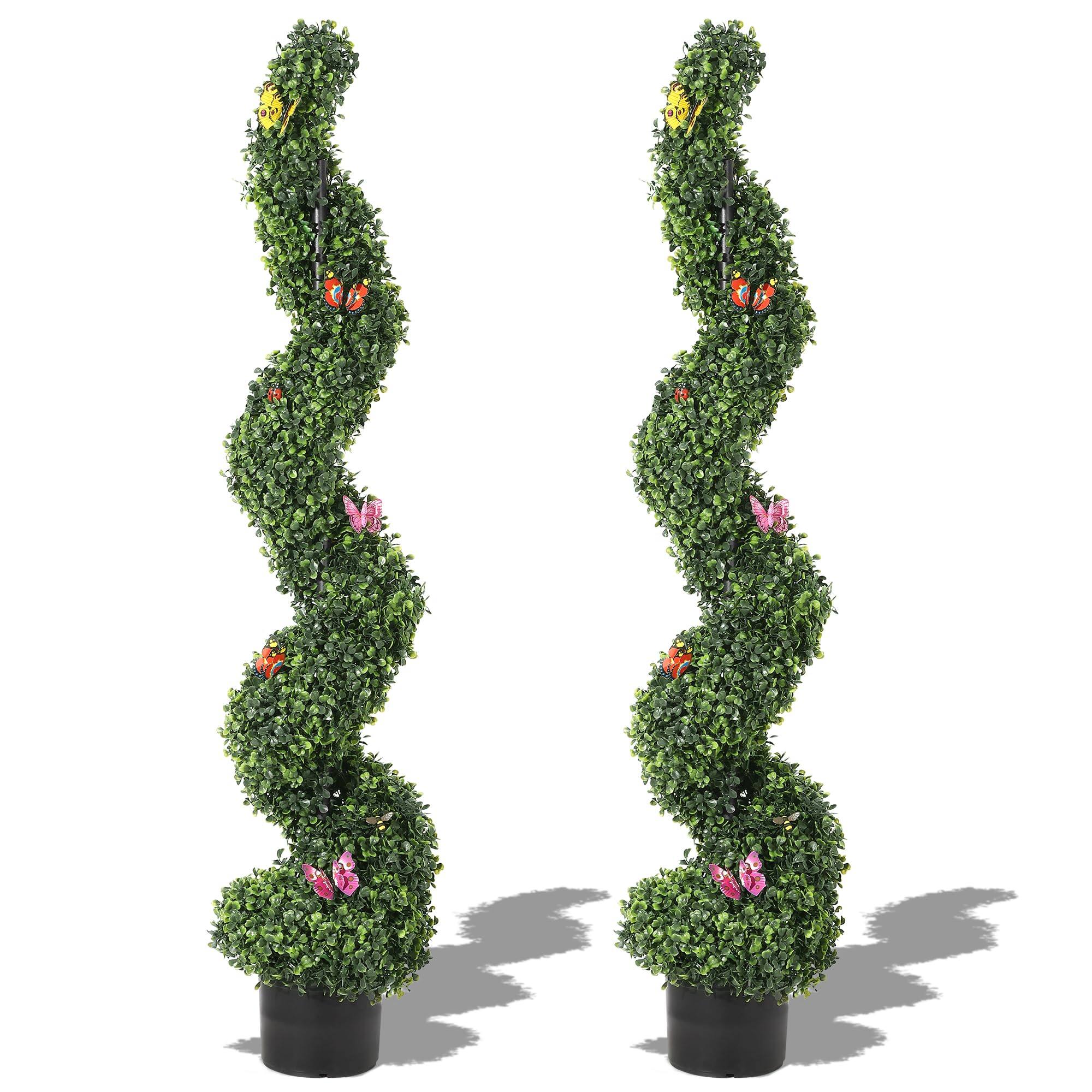 Front. Homhougo - 2Pcs 4 FT Artificial Boxwood Spiral Topiary Trees, Artificial Plants Outdoor with Simulation Decor, Evergreen Faux Tree - Green.