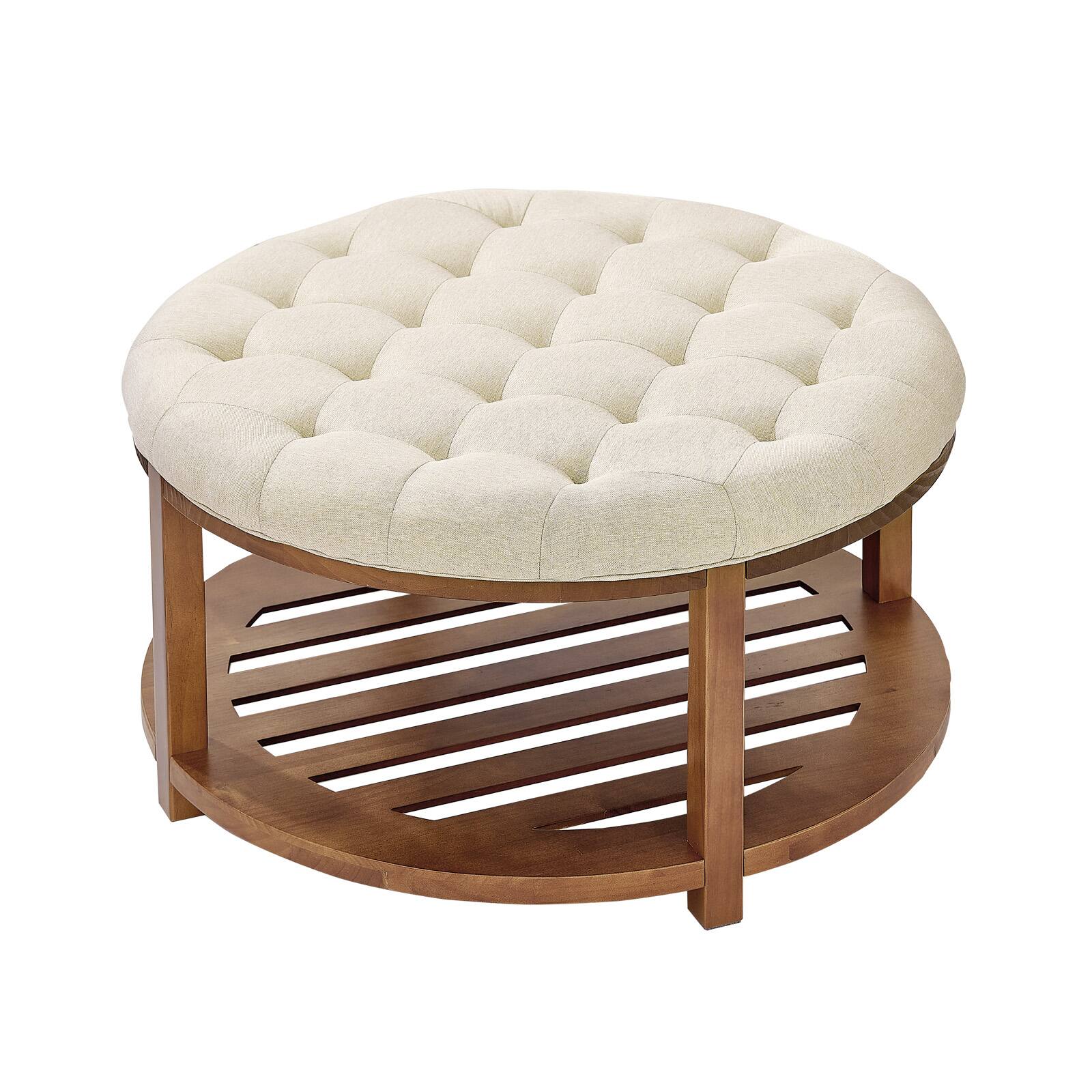 Front. VEVOR - Large Round Ottoman Coffee Table, 31.9 Inch Tufted Coffee Table with Solid Wood Shelf Storage, Linen Solid Upholstered - Linen Color.
