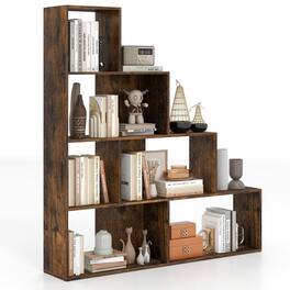 Costway - 4-Tier Stepped Bookshelf with 6 Cubes, 64" Tall Organizer with Anti-Tipping Kits - Rustic Brown