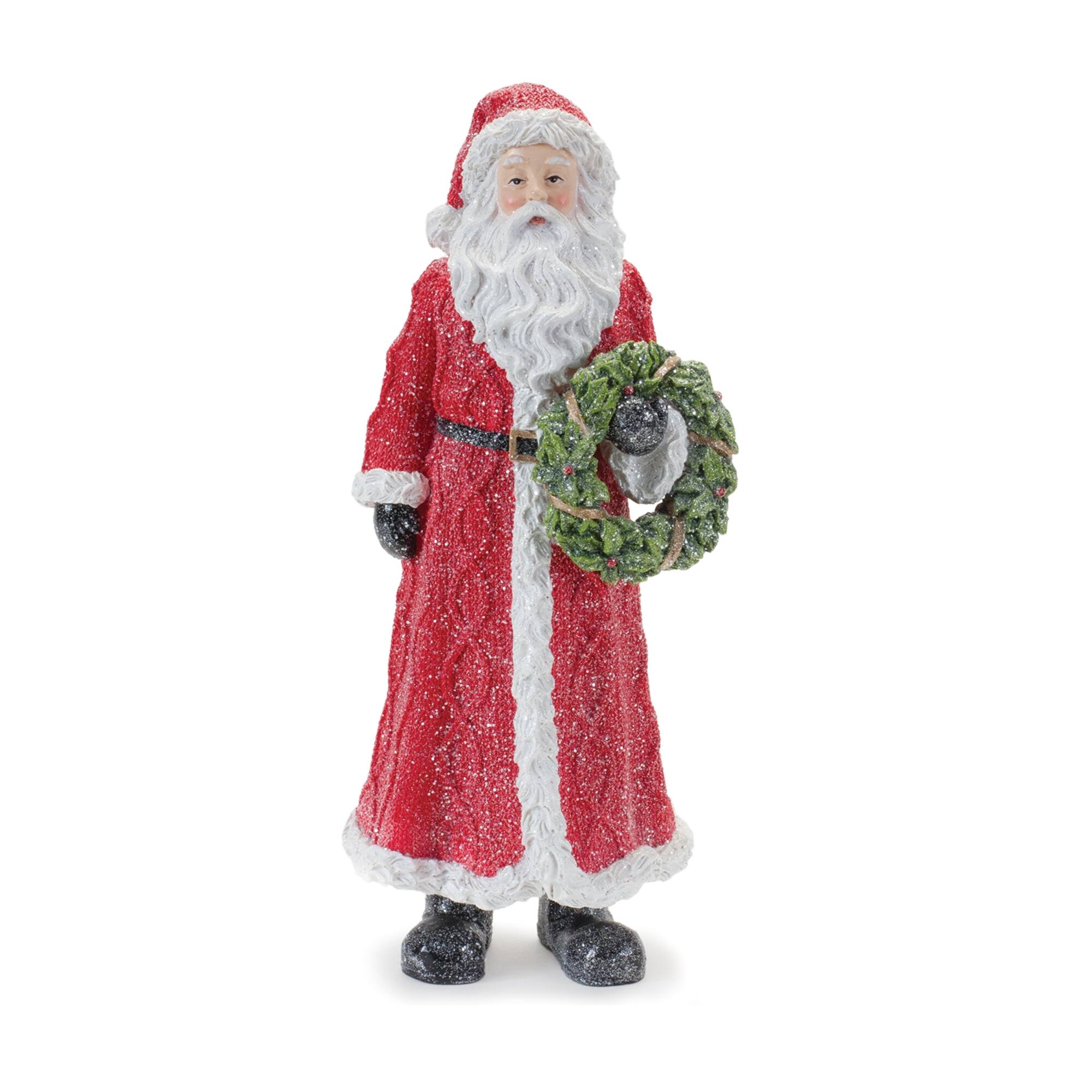 Left. BreeBe - Glitter Santa Figurine with Pine Accent (Set of 3) - Red, Green.