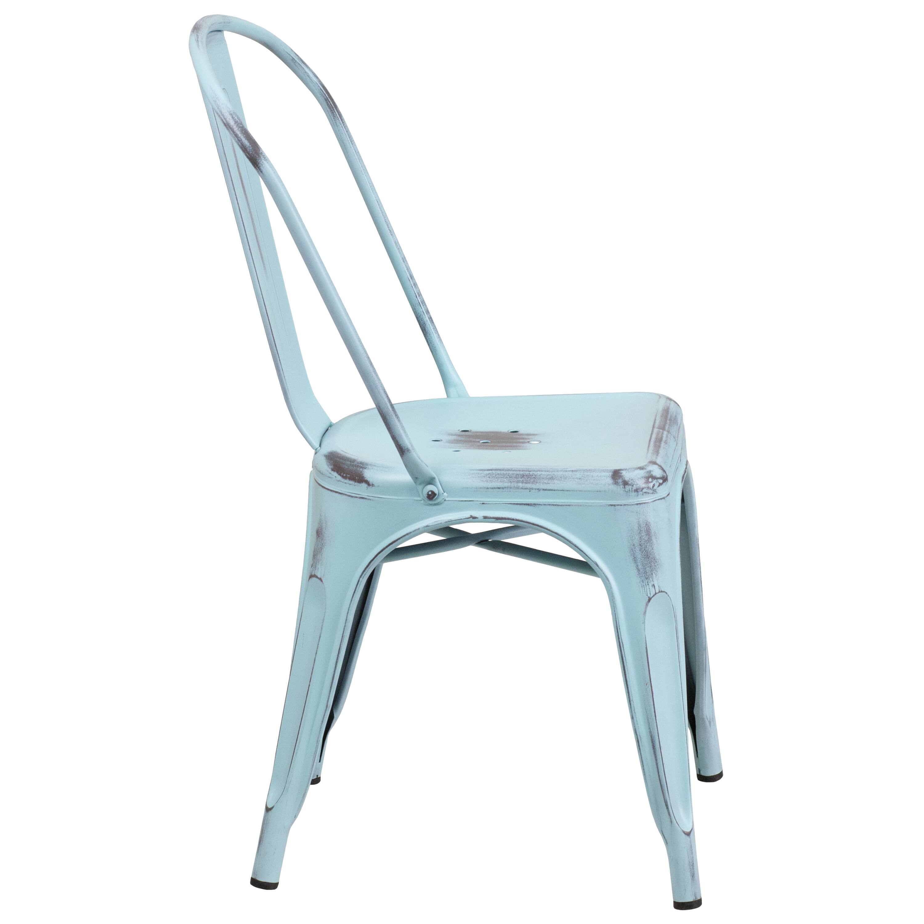 Alt View 6. Emma + Oliver - Commercial Grade 4 Pack Distressed Metal Indoor-Outdoor Stackable Chair - Green-Blue.