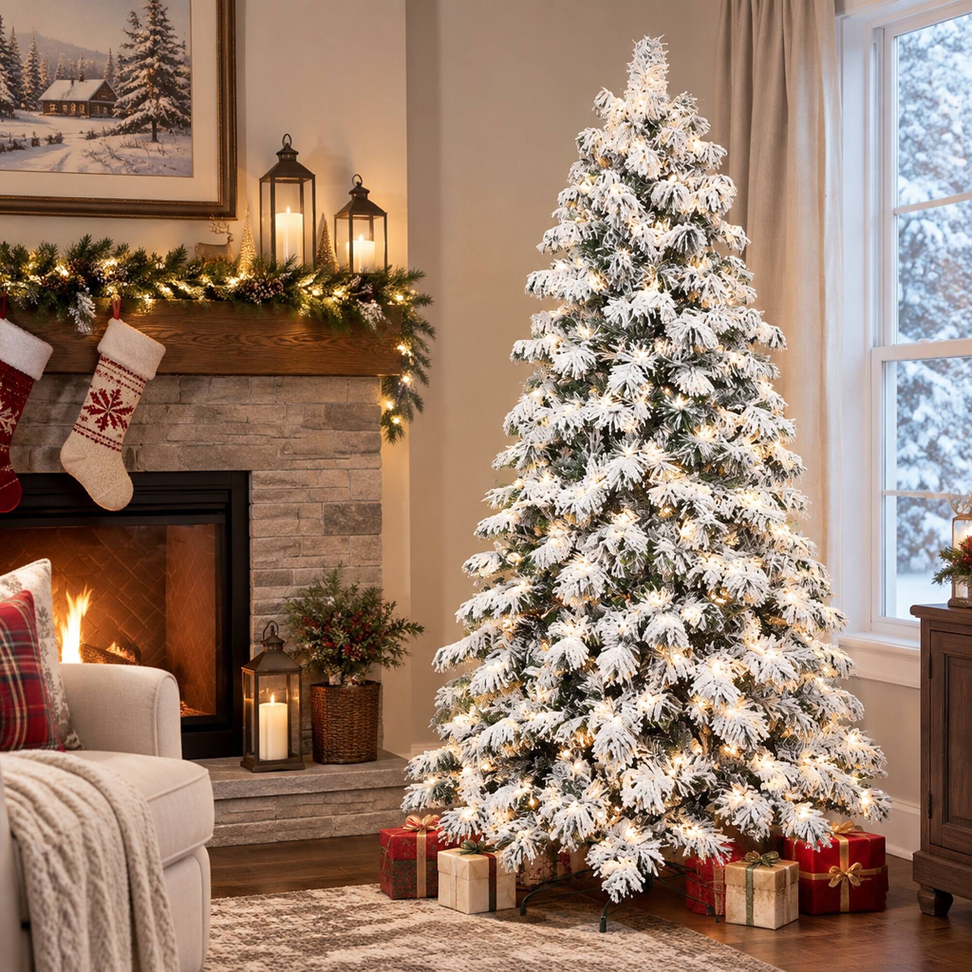 Left. RYHNUYNE - 8 Ft Flocked Scarecrow Christmas Tree With 470 Warm White LED Lights, 1242 Memory Wire Tips Snowy Decor - Green,White.