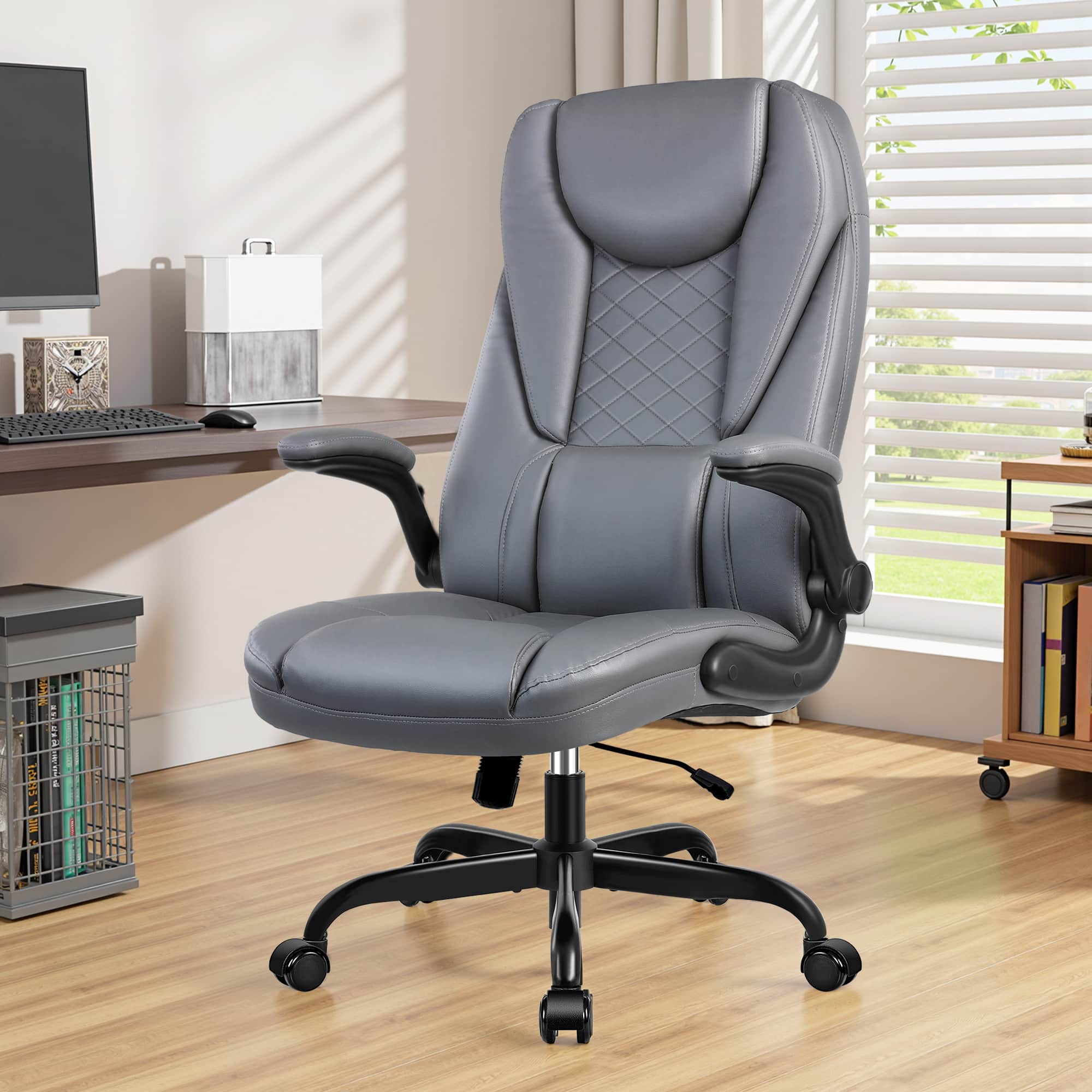 Front. KERDOM - Ergonomic PU Leather Chair with Flip-Up Arms, Executive Manager Chair, High Back Home Office Desk Chair Computer Chair - Grey.