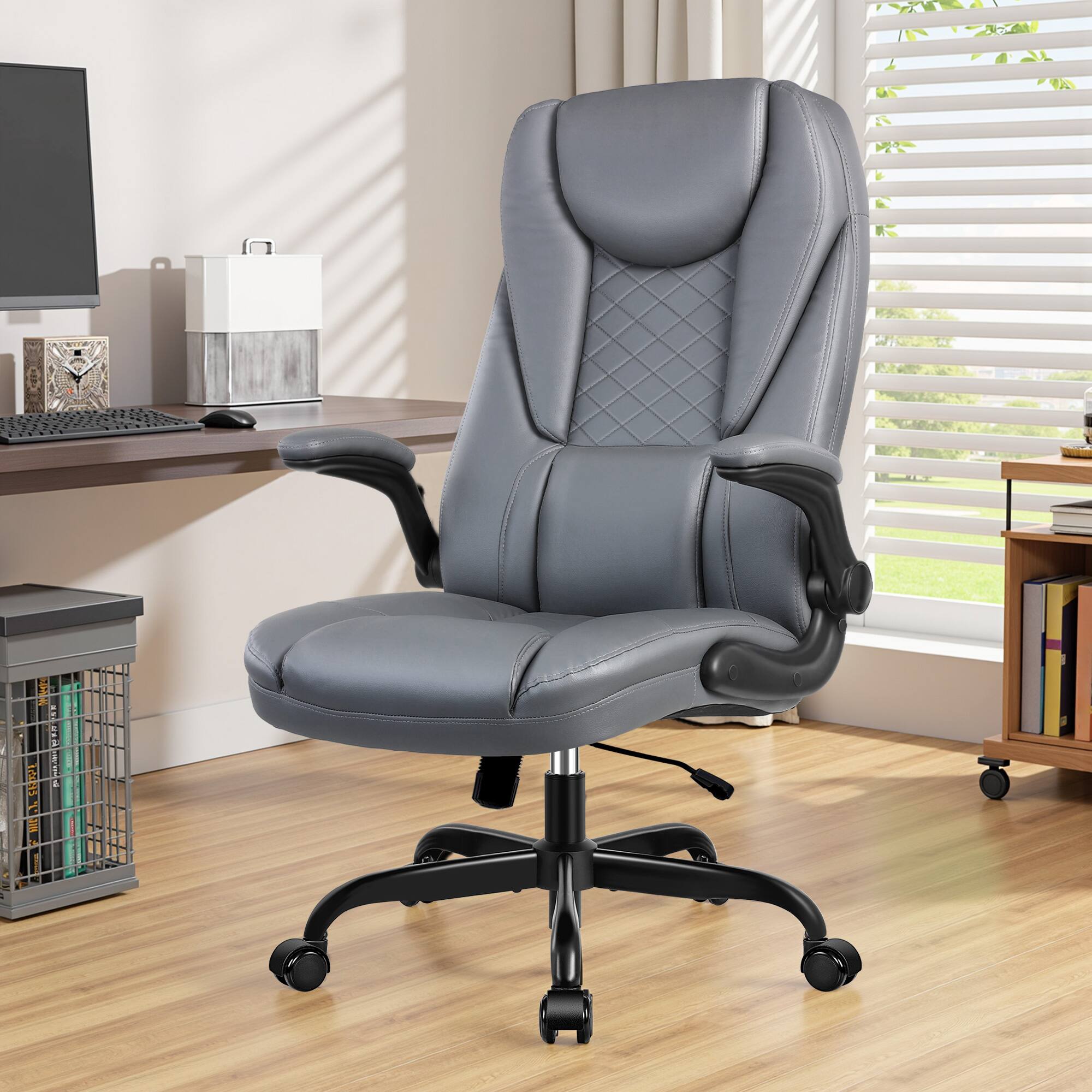 KERDOM - Ergonomic PU Leather Chair with Flip-Up Arms, Executive Manager Chair, High Back Home Office Desk Chair Computer Chair - Gray