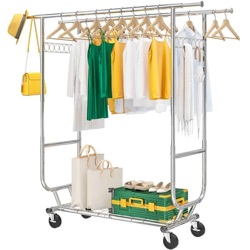 Hivvago - Heavy Duty Double Bar Clothes Garment Rack on Wheels - 600 lbs Capacity - Silver