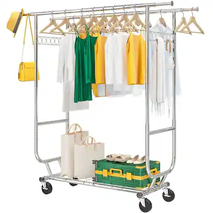 Front. Hivvago - Heavy Duty Double Bar Clothes Garment Rack on Wheels - 600 lbs Capacity - Silver.