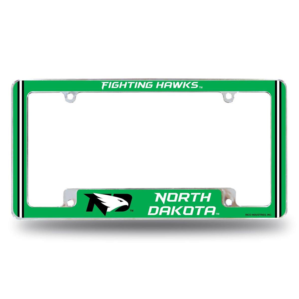 North Dakota Fighting Hawks Chrome Metal License Plate Frame with Full Frame Team Color Graphics