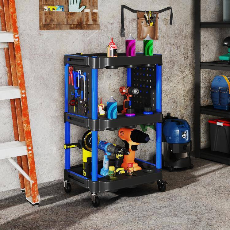 Alt View 1. PULUZ - 3-Tier Rolling Tool Cart, 200 LBS Capacity Plastic Utility Cart with Side Shelves for Garage Workshop - Black and Dark Blue.