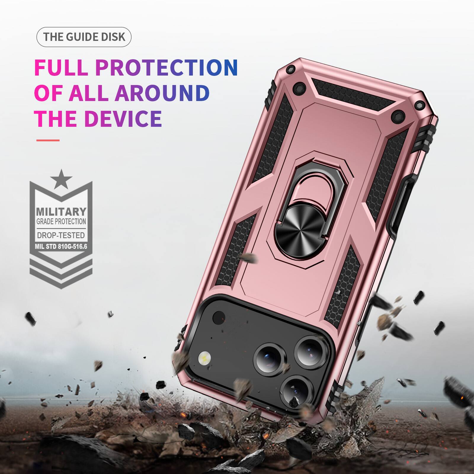 THE GUIDE DISK  
FULL PROTECTION OF ALL AROUND THE DEVICE  
- MILITARY GRADE PROTECTION  
DROP-TESTED  
MIL STD 810G-516.6