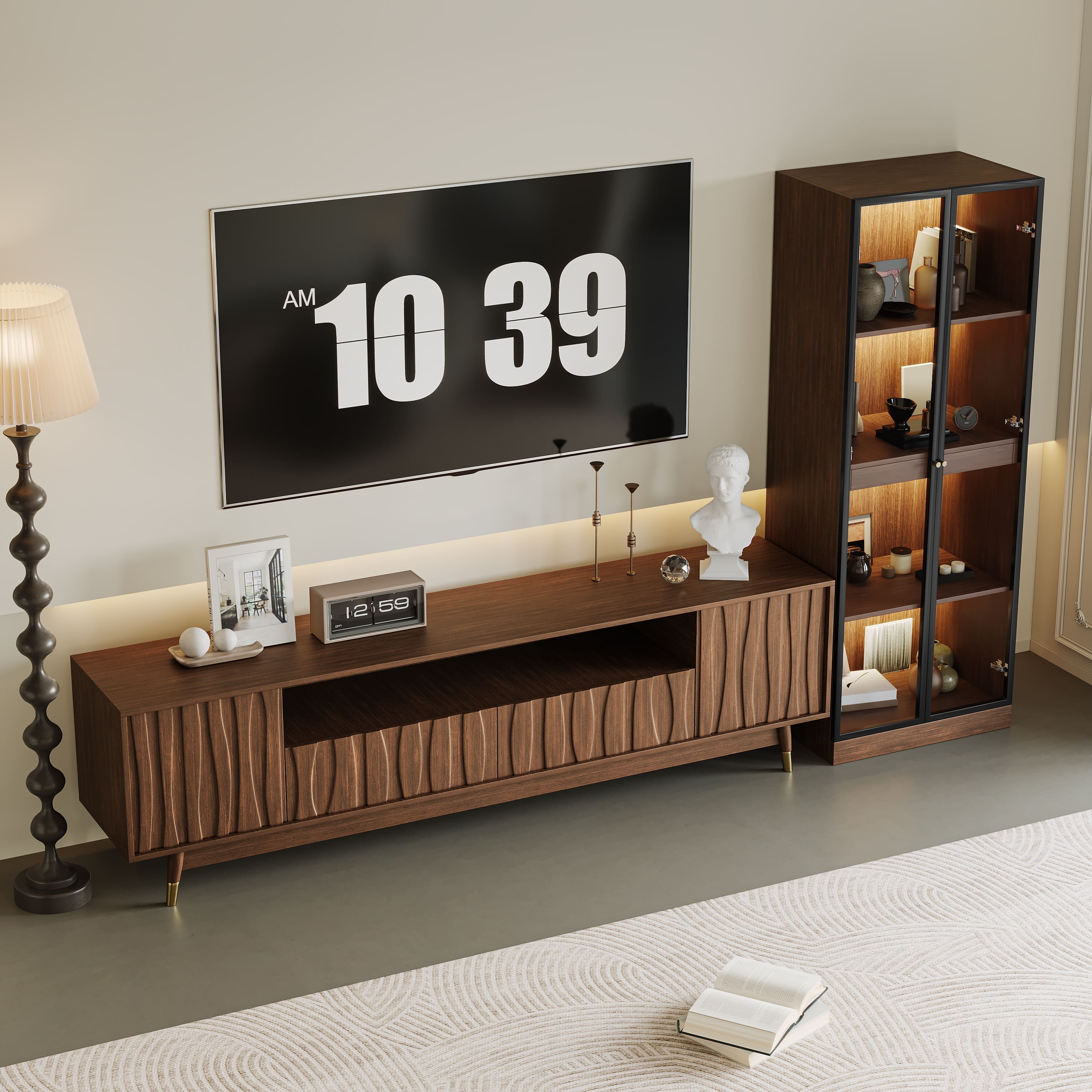 MSOOB - Entertainment Center, Mid-Century Modern TV Stand and Glass Display Cabinet Set with Drawers and Storage Up to 85" TV - Brown