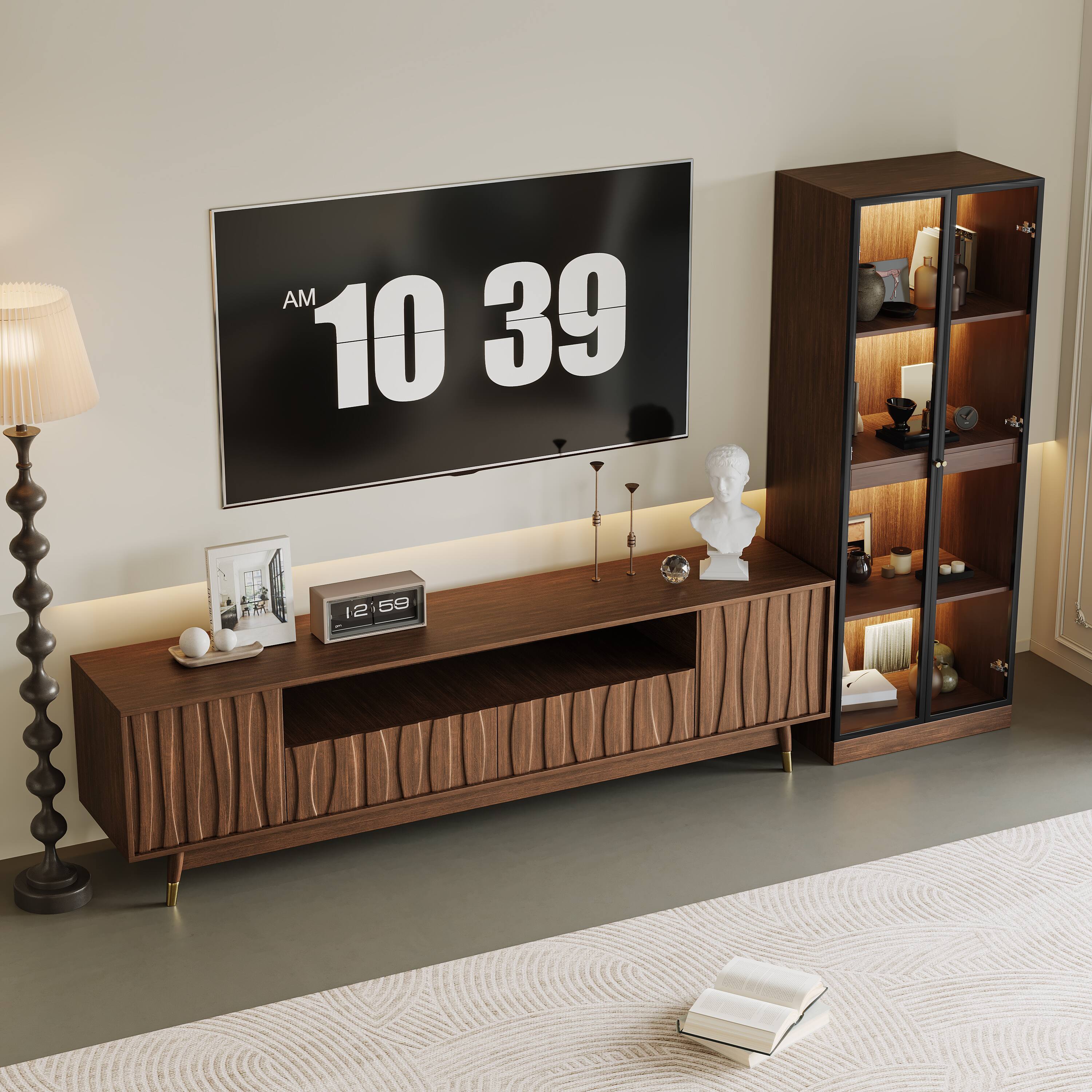 MSOOB - Entertainment Center, Mid-Century Modern TV Stand and Glass Display Cabinet Set with Drawers and Storage Up to 85" TV - Brown