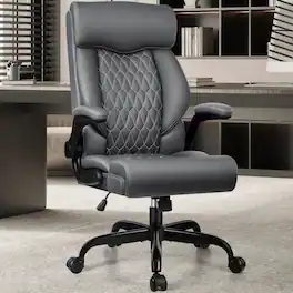 Brick Attic - High-Back Executive Office Chair , Ergonomic Leather Chair with Adjustable Lumbar Support and Flip-Up Armrests - Gray