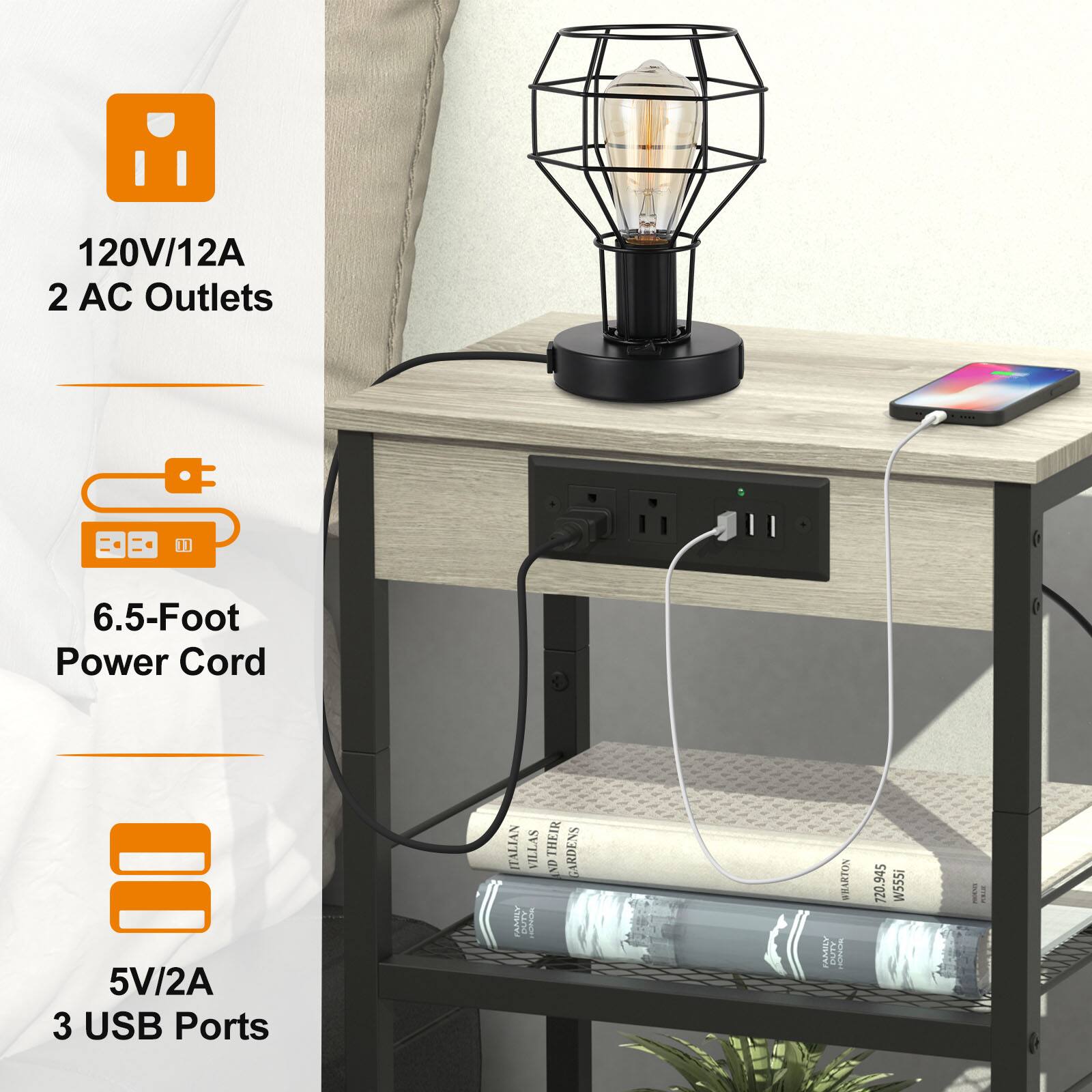 120V/12A 2 AC Outlets  
6.5-Foot Power Cord  
5V/2A 3 USB Ports