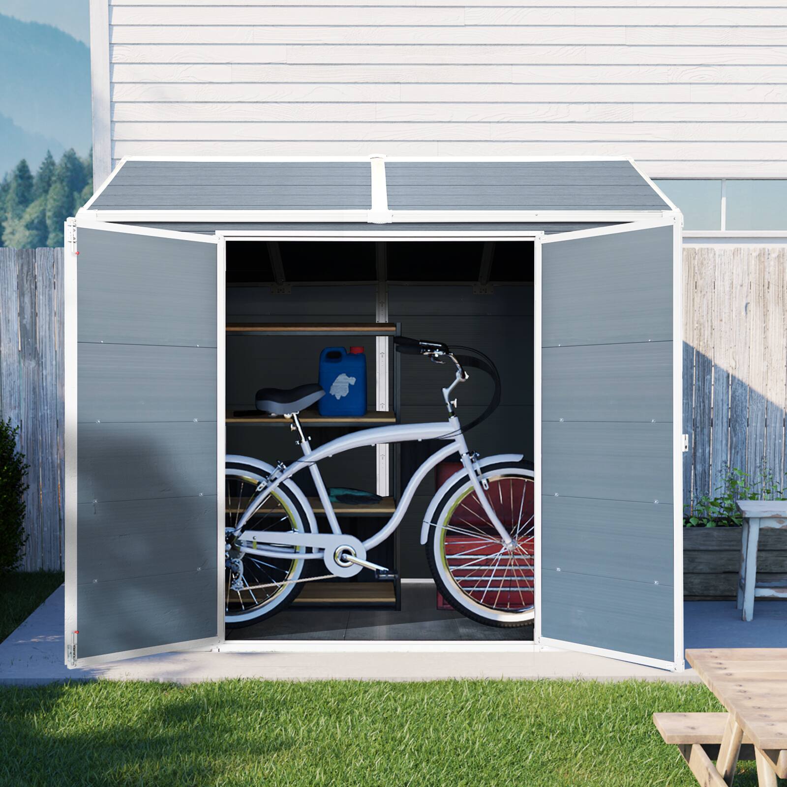 Left. Mondawe - 8 x 6 ft Resin Outdoor Storage Shed with Floor & Two Windows & Lockable Door - Grey.