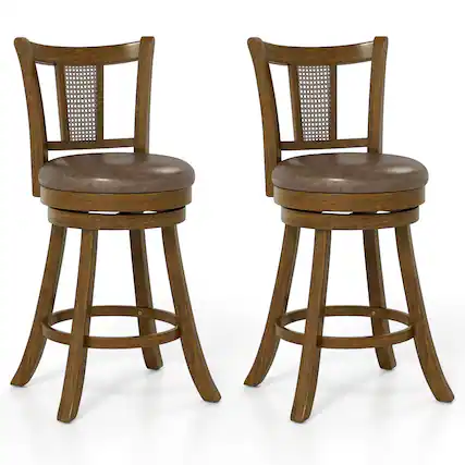 Front. Costway - Costway Set of 2 Bar Stools 25" Swivel Bar Chairs with PE Rattan Backrest & Footrest - Brown.