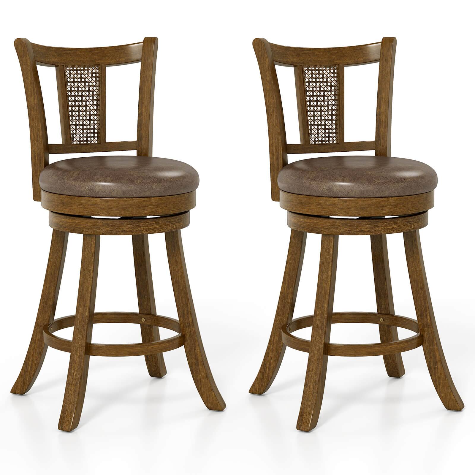 Costway - Set of 2 Bar Stools 25" Swivel Bar Chairs with PE Rattan Backrest & Footrest - Brown