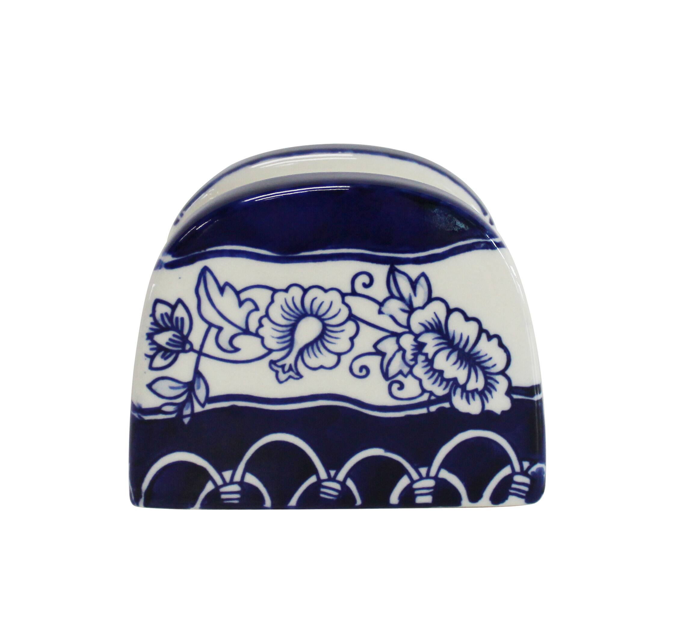 Left. Euro Ceramica Home - Blue Garden Hand-Painted Stoneware Table Accessory Set - Salt and Pepper Shakers and Napkin Holder - Blue and White.