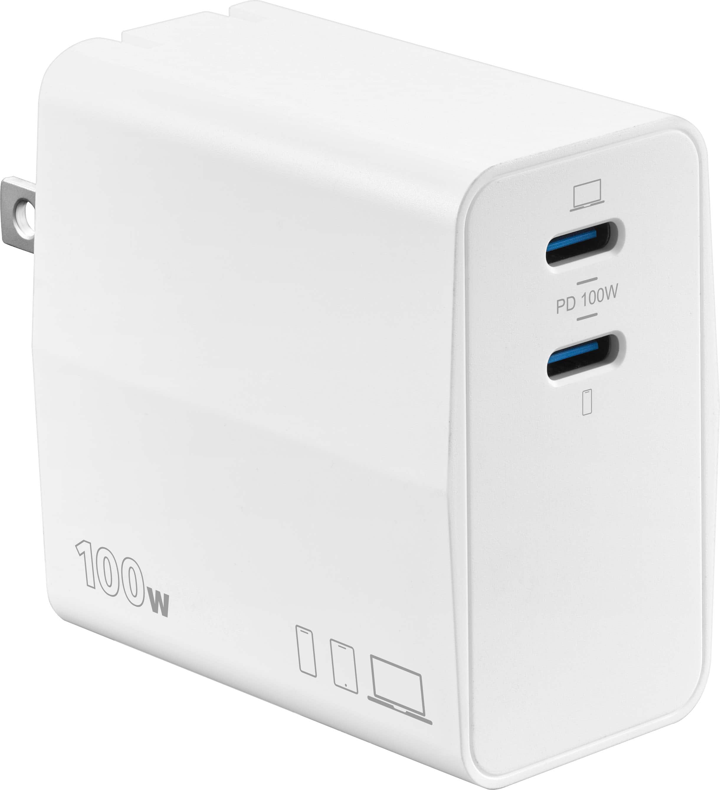 The text on the image reads "PD 100W 100W". This is likely a description or label for the white device, which could be a charger or a power supply. The text indicates that the device is capable of providing 100 watts of power.