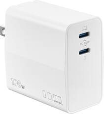 The text on the image reads "PD 100W 100W". This is likely a description or label for the white device, which could be a charger or a power supply. The text indicates that the device is capable of providing 100 watts of power.