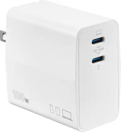 The text on the image reads "PD 100W 100W". This is likely a description or label for the white device, which could be a charger or a power supply. The text indicates that the device is capable of providing 100 watts of power.