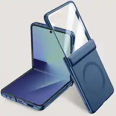 Front. Dteck - Magnetic Case For Samsung Galaxy Z Flip 7 , Built-in Screen Film, Slim Shockproof Rugged Hinge Protection Cover - Darkblue.