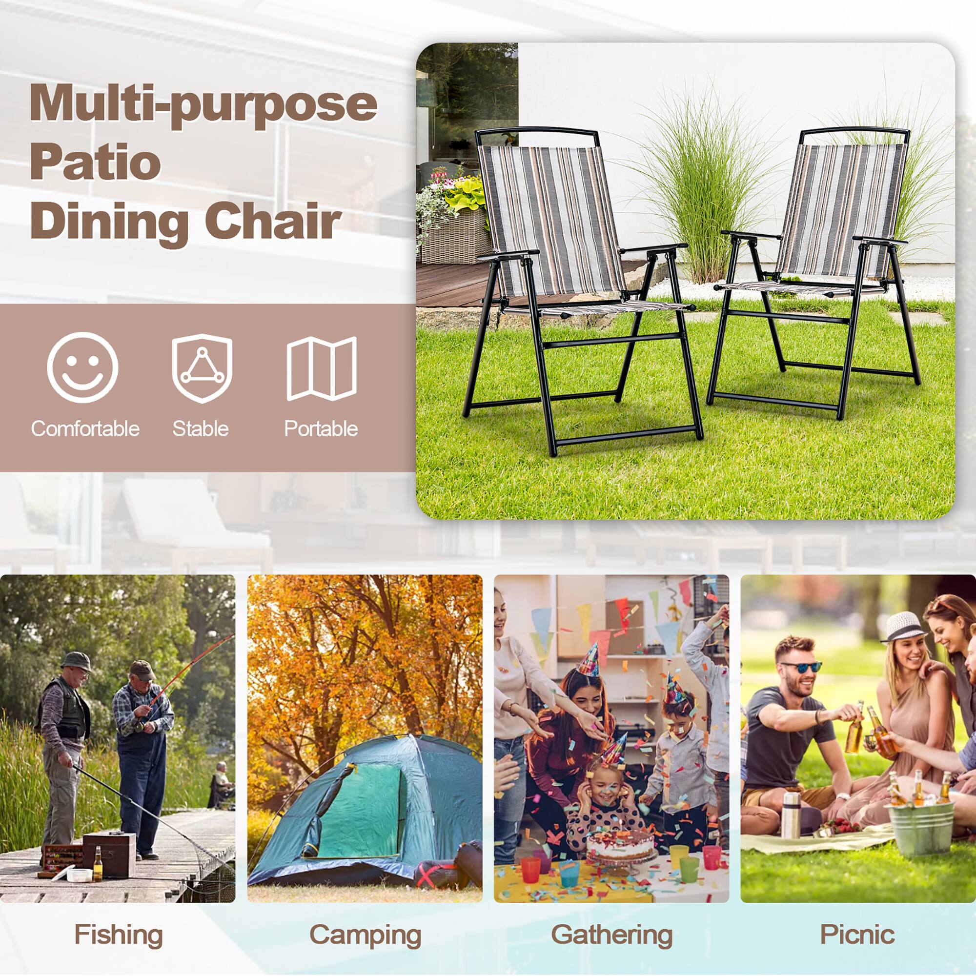 Multi-purpose Patio Dining Chair

Comfortable
Stable
Portable

Fishing
Camping
Gathering
Picnic