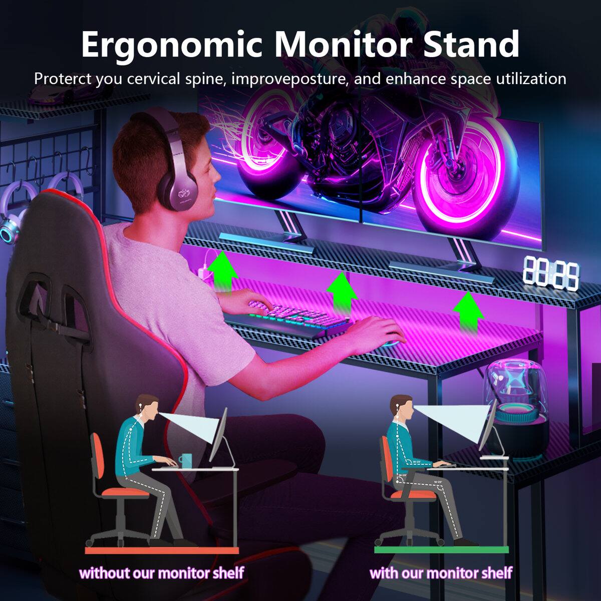Ergonomic Monitor Stand  
Protect your cervical spine, improve posture, and enhance space utilization  

without our monitor shelf  
with our monitor shelf