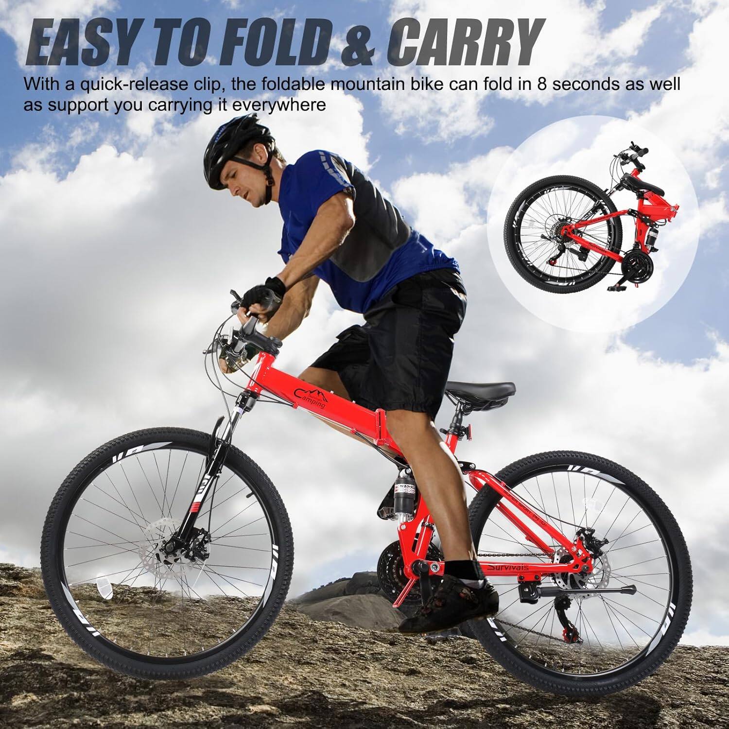 EASY TO FOLD & CARRY

With a quick-release clip, the foldable mountain bike can fold in 8 seconds as well as support you carrying it everywhere.