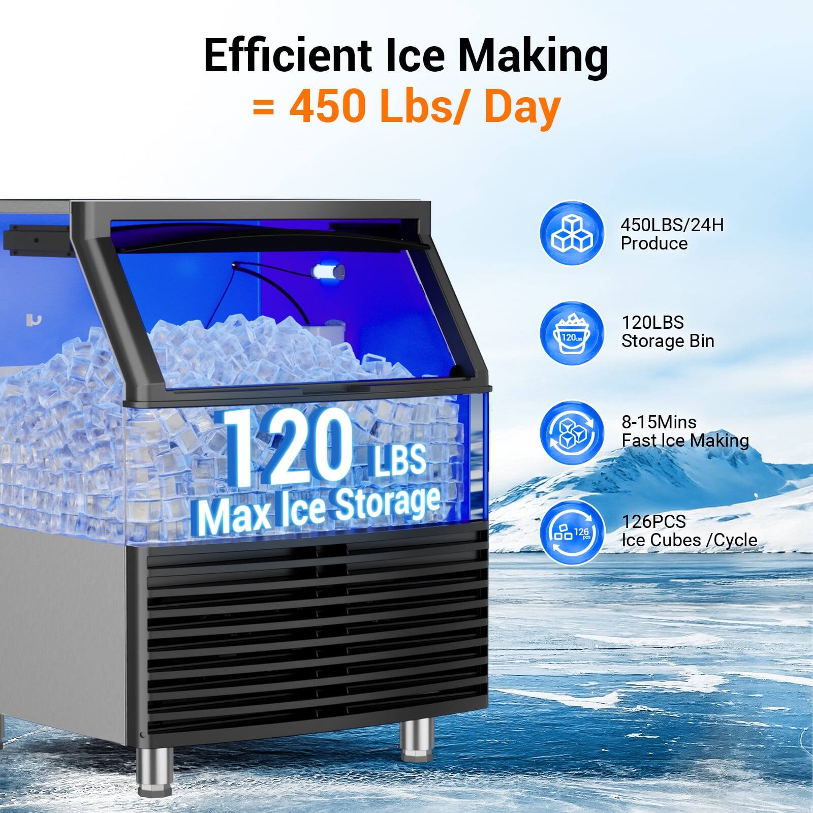 Efficient Ice Making = 450 Lbs/ Day

- 450 LBS/24H Produce
- 120 LBS Storage Bin
- 8-15 Mins Fast Ice Making
- 126 PCS Ice Cubes / Cycle

120 LBS Max Ice Storage