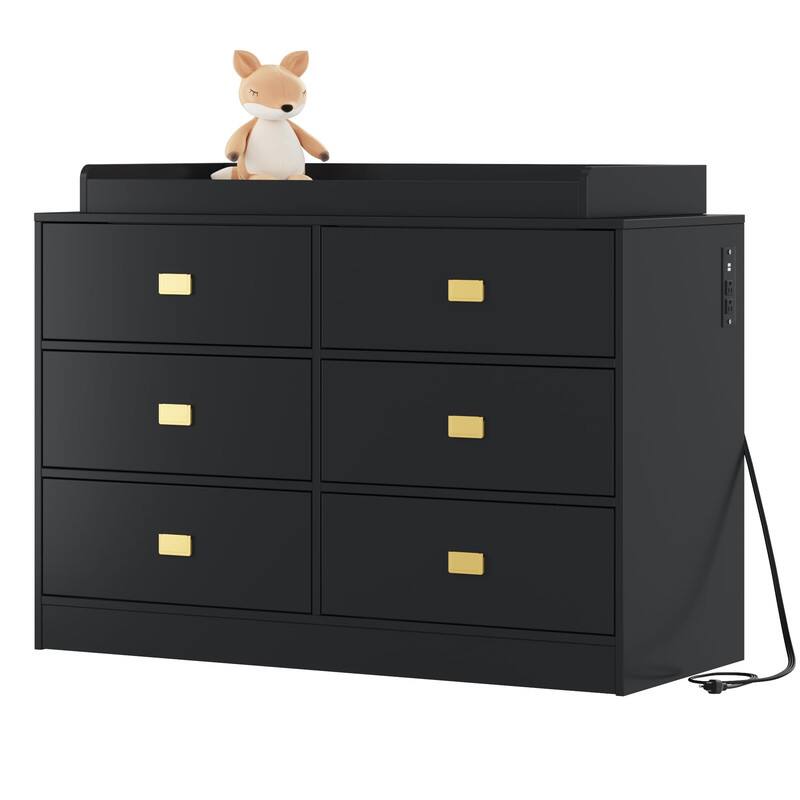 Front. GARVEE - Nursery Dresser with Changing Table Top, 6 Drawer Baby Dresser, Waterproof Top, Safety Rails, Anti-Tip Kit, Black - Black.