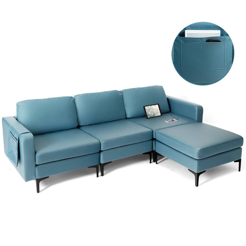 Left. Kadyn - Modular L-shaped Sectional Sofa with Reversible Chaise and 2 USB Ports-Blue, Sectional Sofa Couch Living Room Sleeper - Blue.