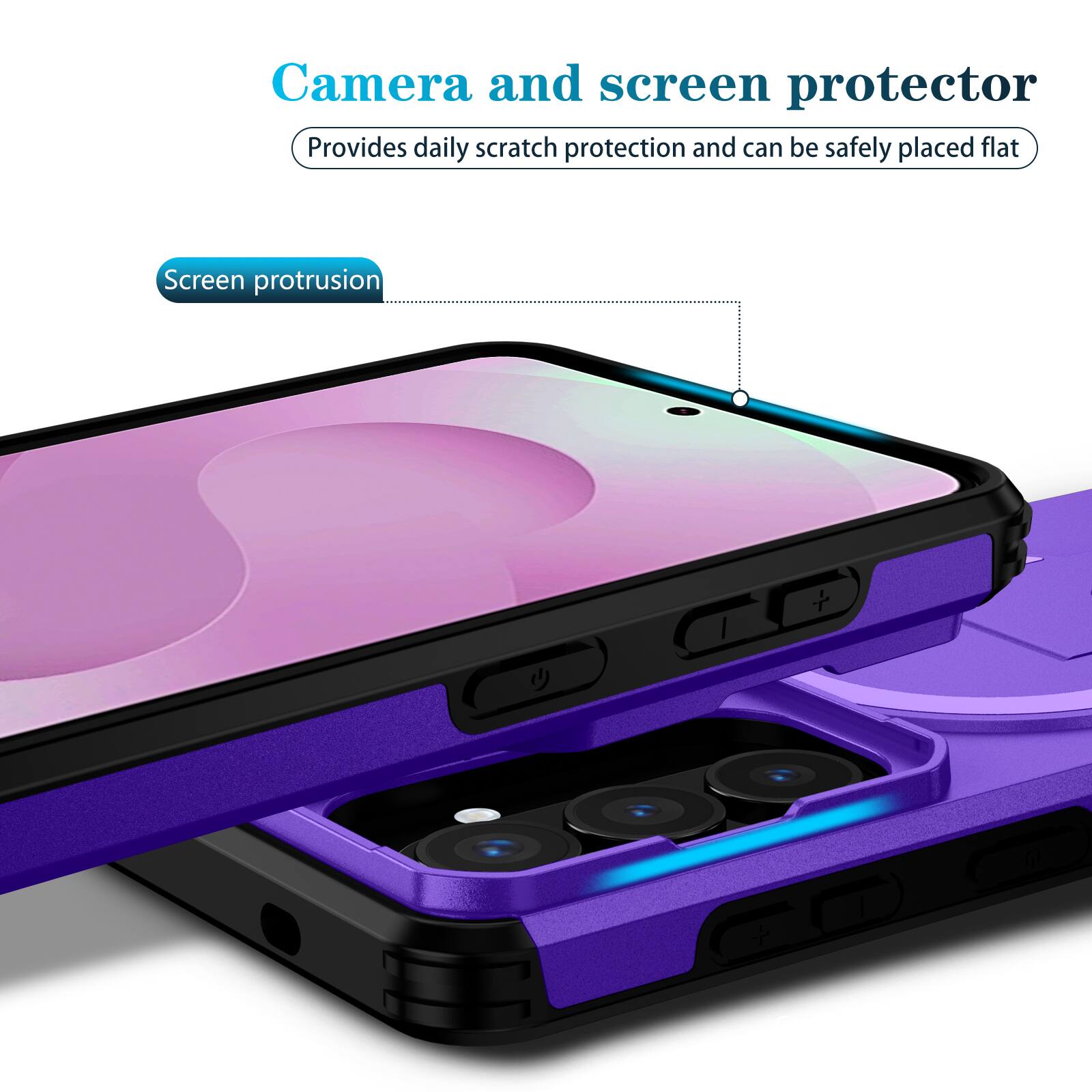 Camera and screen protector  
Provides daily scratch protection and can be safely placed flat  
Screen protrusion