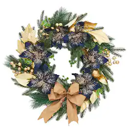 Acekool - 24 Inch Christmas Wreath Pre-Lit Xmas Wreath with Bows, Gold Leaves Ball Ornaments for Front Door Windows Wall - Blue
