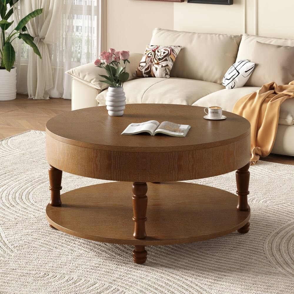Back. Loheer - Loheer 31.5 inch modern round coffee table, walnut coffee table with hidden compartment - Walnut Brown.