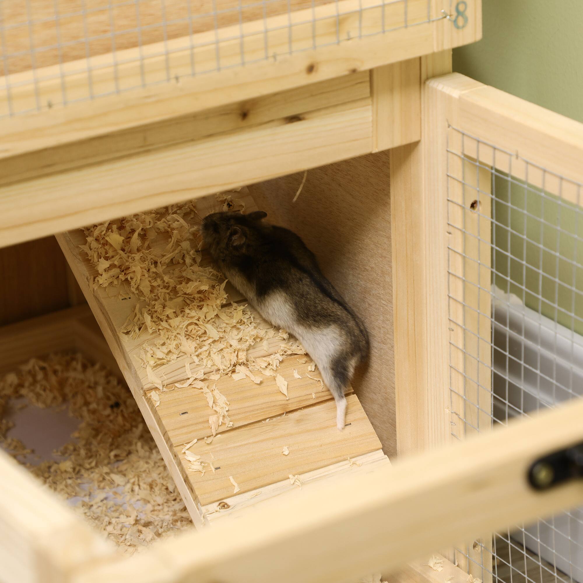 Alt View 5. Pawhut - Extra Large Wooden Hamster Cage with Sliding Tray, Seesaw, Openable Roofs, Wide Ramp, Running Wheel.