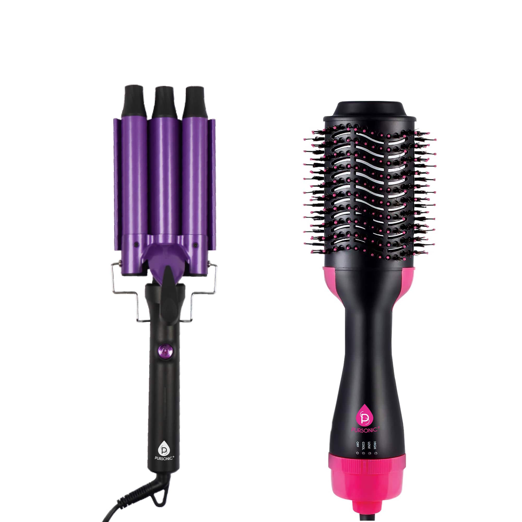 Pursonic - Salon-Quality Hair Duo: Triple Barrel Hair Curler & One Step Volumizing Hair Dryer