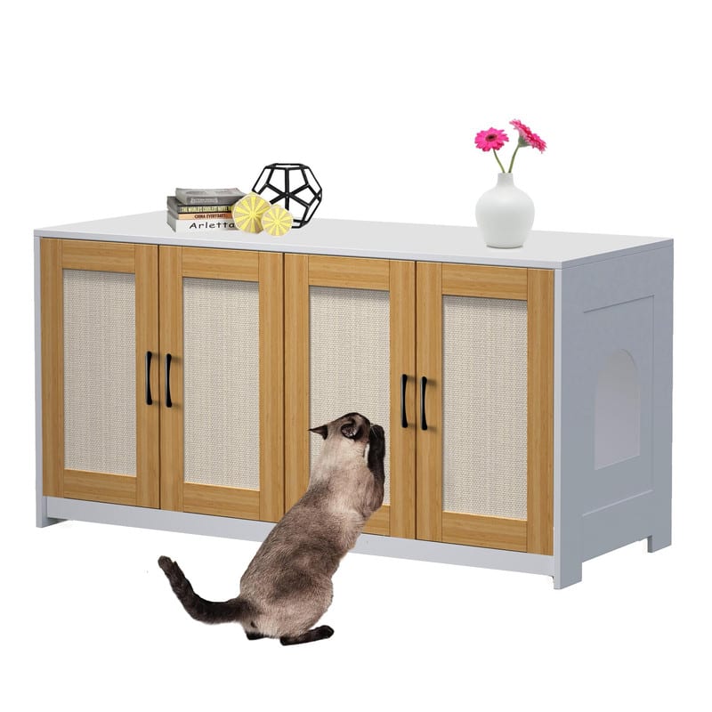 GARVEE - 47 inch Double Litter Box Enclosure - Wooden 2-Cat Hidden Cabinet w/ Drawers & Doors, Cat House/TV Stand Sideboard - White