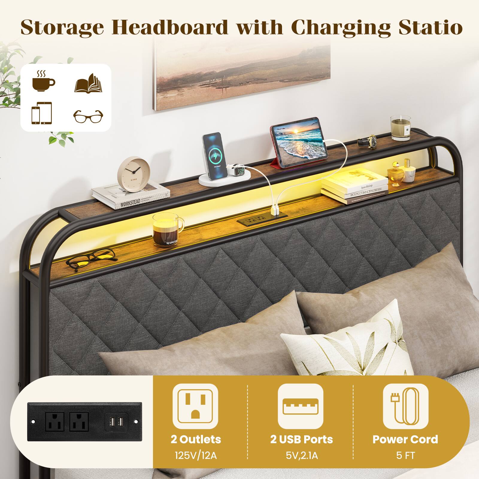 Storage Headboard with Charging Station

- 2 Outlets: 125V/12A
- 2 USB Ports: 5V, 2.1A
- Power Cord: 5 FT