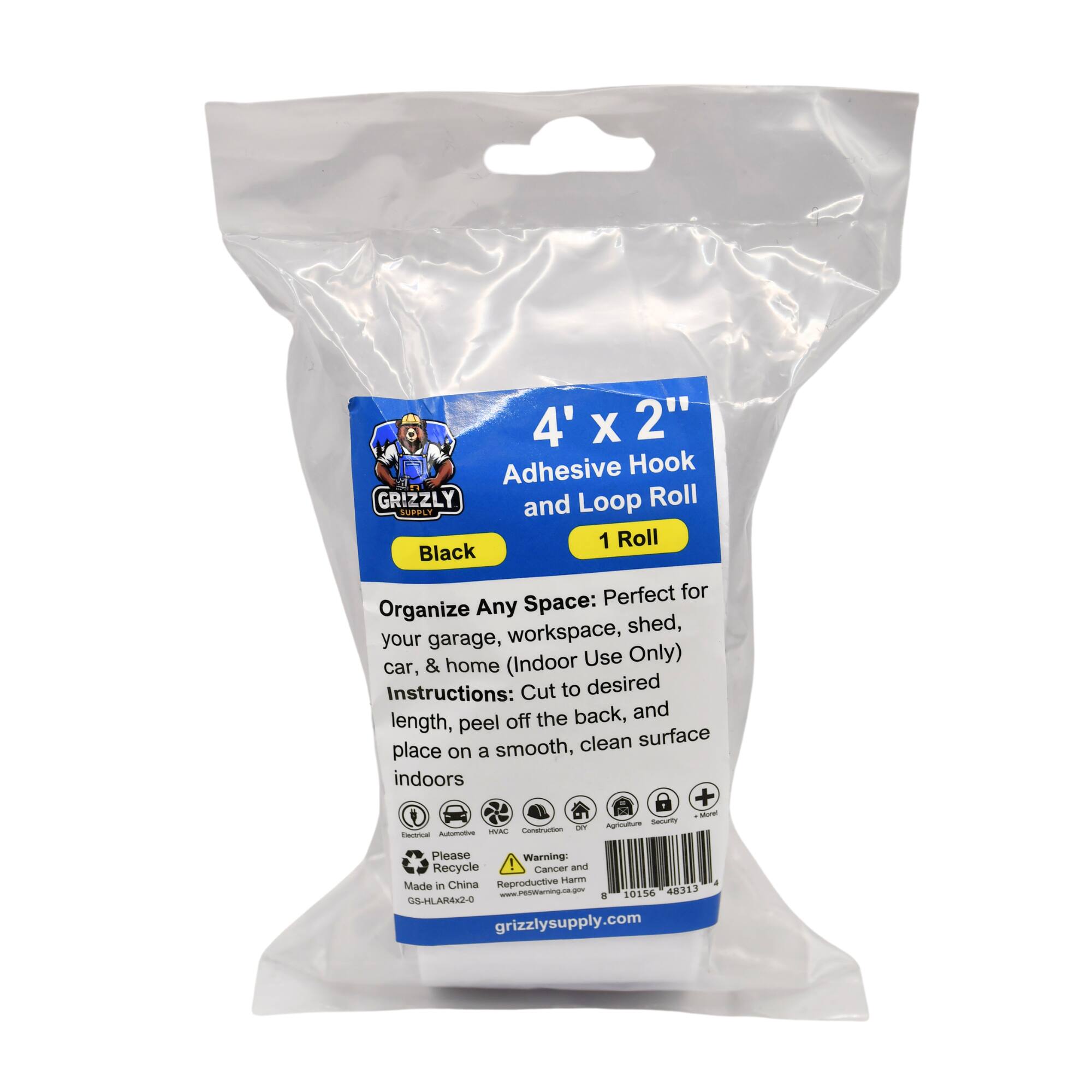 4' x 2" Adhesive Hook and Loop Roll - GRIZZLY 1 Roll Black Perfect for Organize Any Space: workspace, shed, your garage, & home (Indoor Use Only) car, Instructions: Cut to desired length, peel off the backing and place on a smooth, clean surface. + - - 1 Agtium A  - -a Please Recycle Cancer and Reproductive Harm Made in China -www.grizzlysupply.com - . 10156 48313 G5-HLAR42-0 grizzlysupply.com