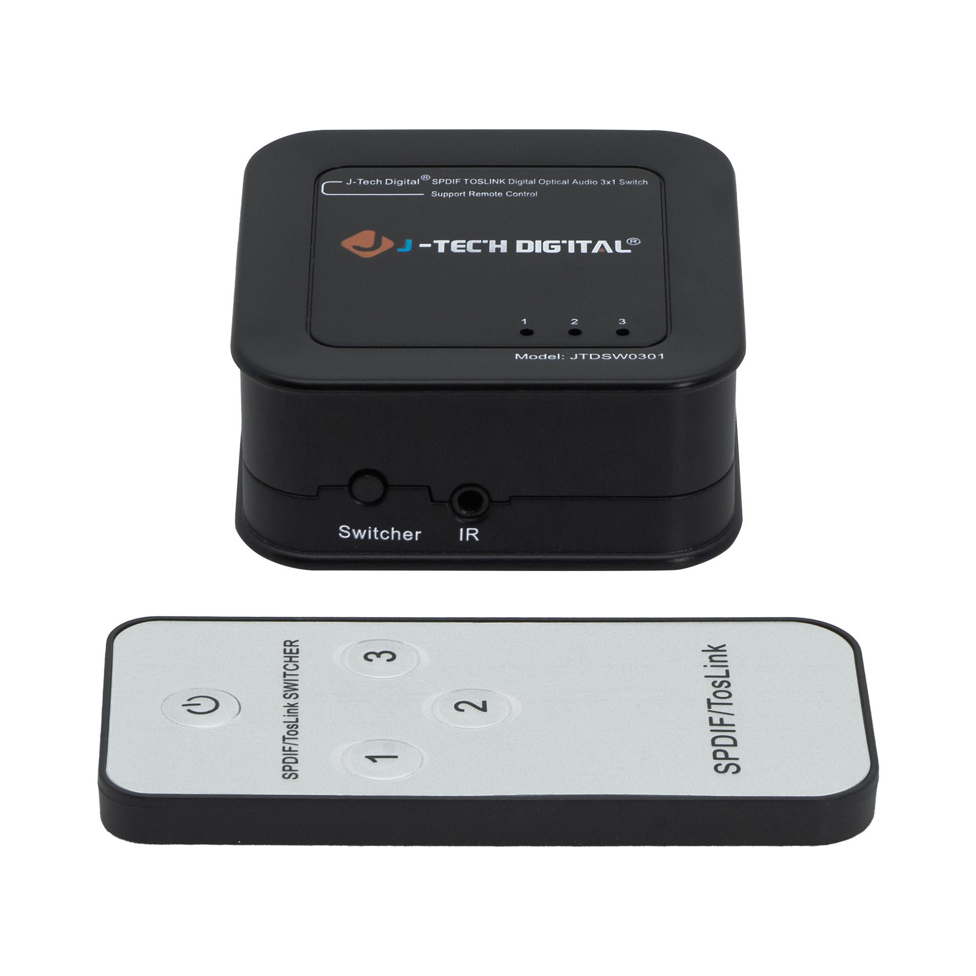 J-Tech Digital SPDIF TOSLINK Digital Optical Audio 3x1 Switch Support Remain Digital -TECH DIGITAL Model: JTDSW0301 Switcher IR SPDIF/TosLink SWITCHER SPDIF/TosLink 3 1 2