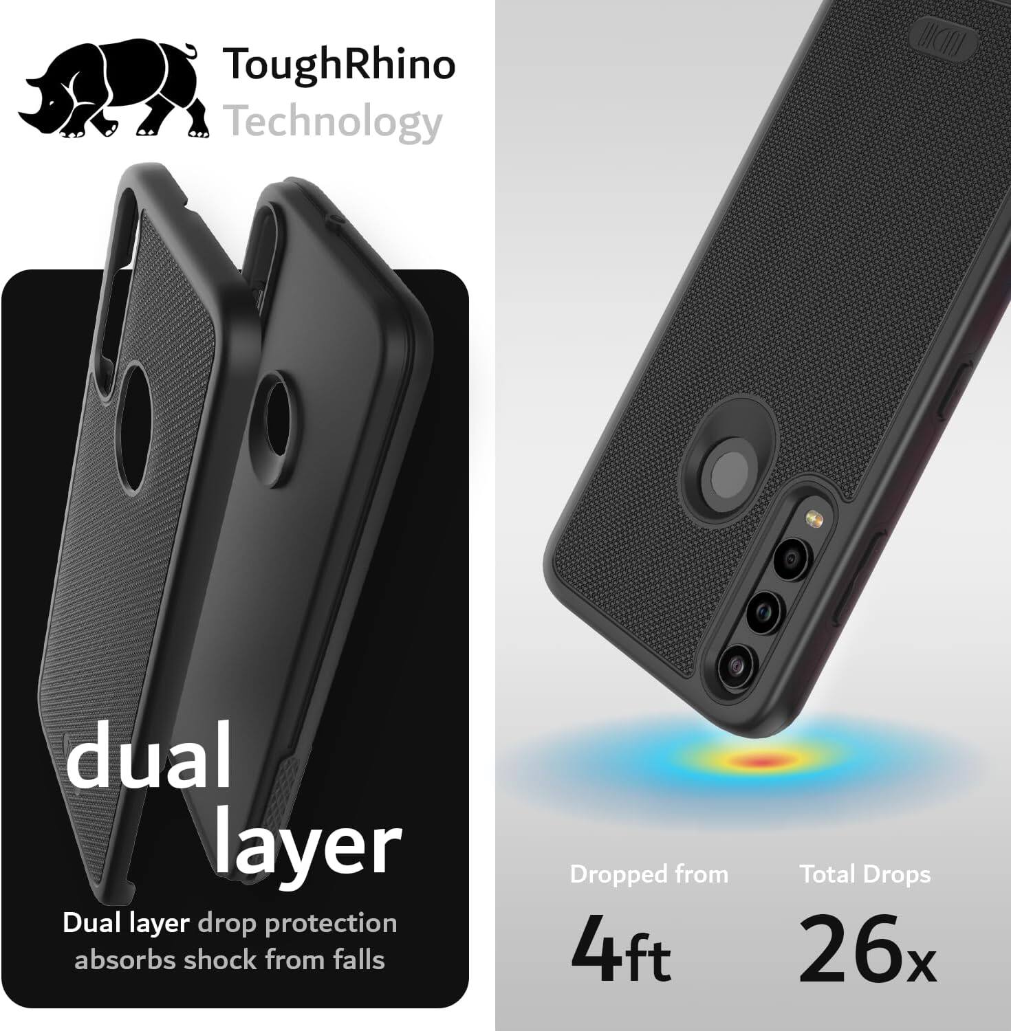ToughRhino Technology dual layer Dual layer drop protection absorbs shock from falls Dropped from 4ft Total Drops 26x