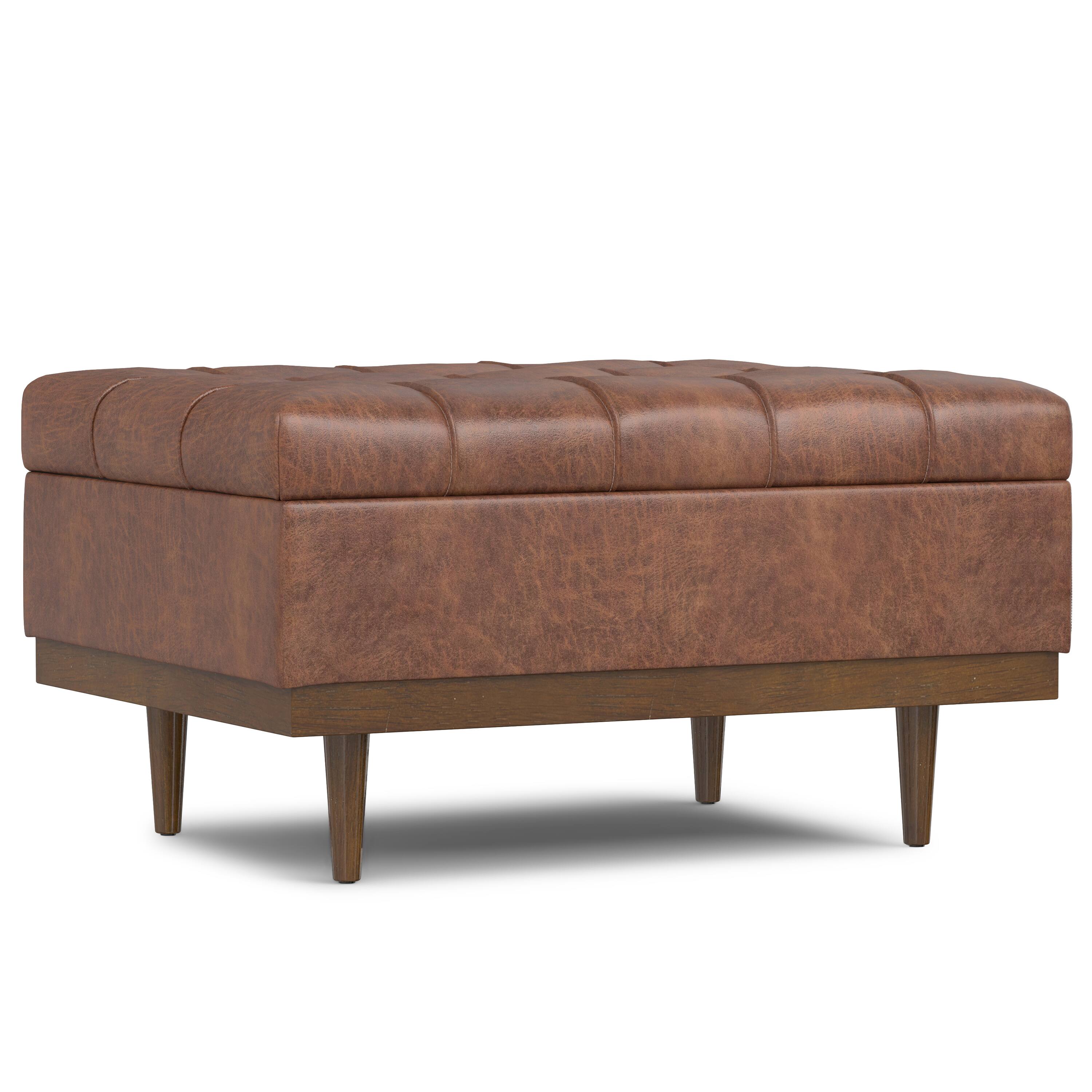 Alt View 2. Simpli Home - Mariah 34 inch Contemporary Rectangle Coffee Table Storage Ottoman in Distressed Saddle Brown Faux Leather, Assembled - Distressed Saddle Brown.